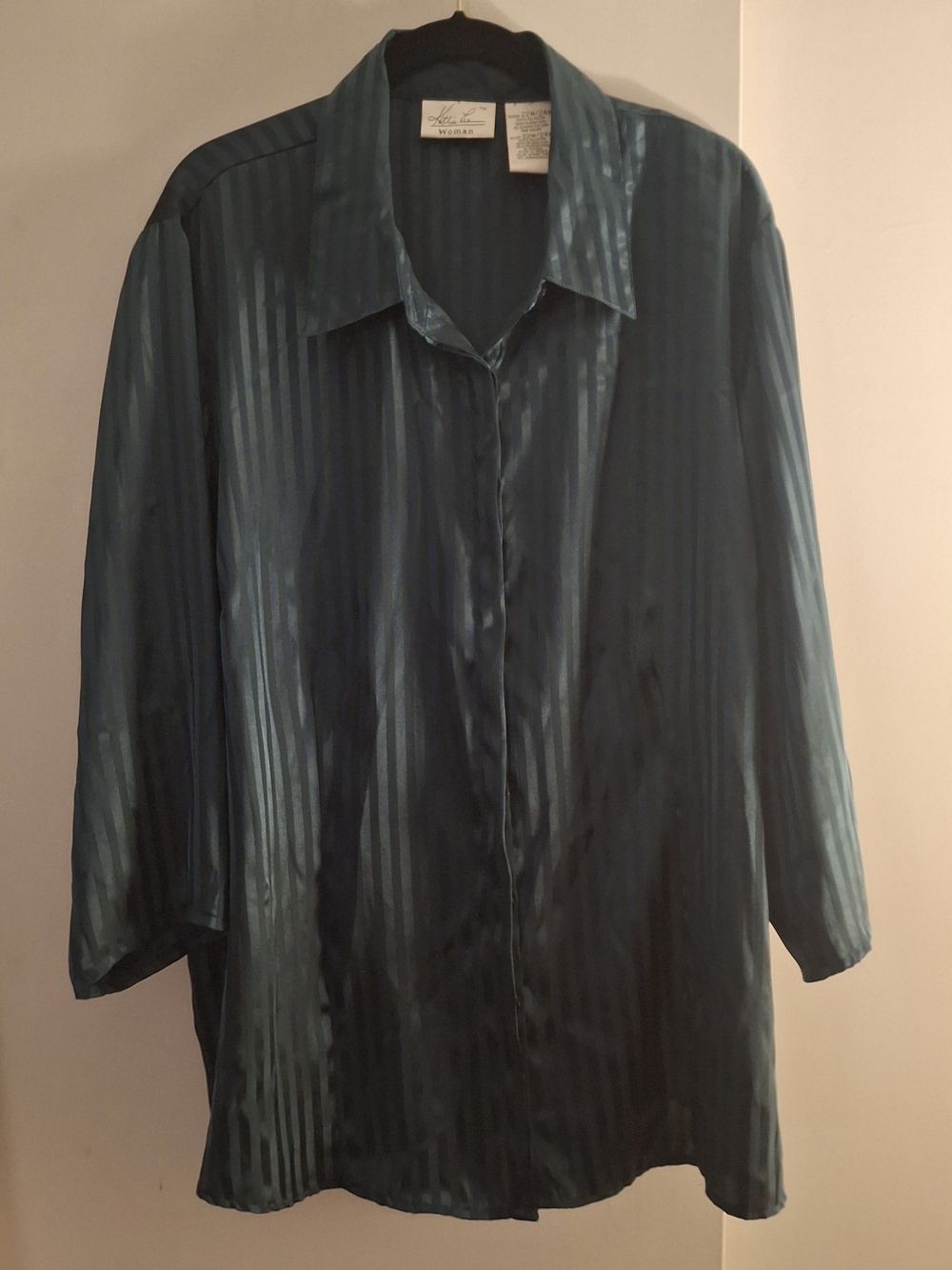 Kathie Lee Women's Silk-Feel Teal Striped Button-Up Shirt